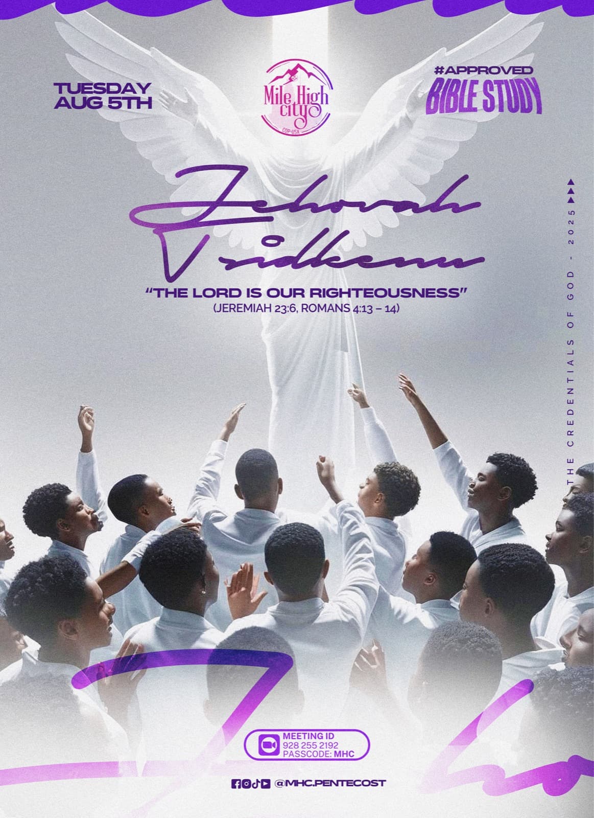 August 5, 2025 Bible study flyer - Jehovah Tsidkenu: The Lord Is Our Righteousness