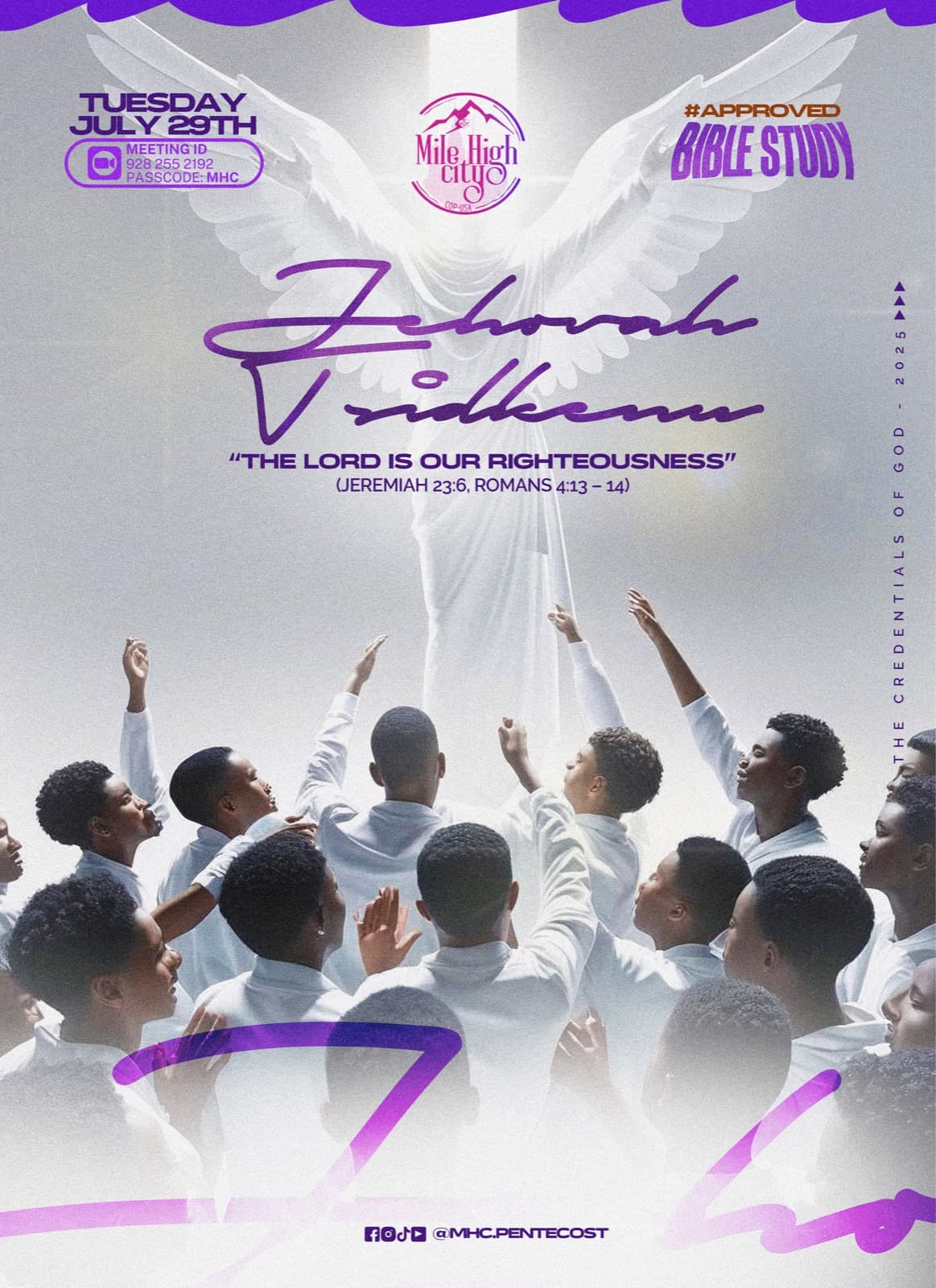 July 29, 2025 Bible study flyer - Jehovah Tsidkenu: The Lord Is Our Righteousness