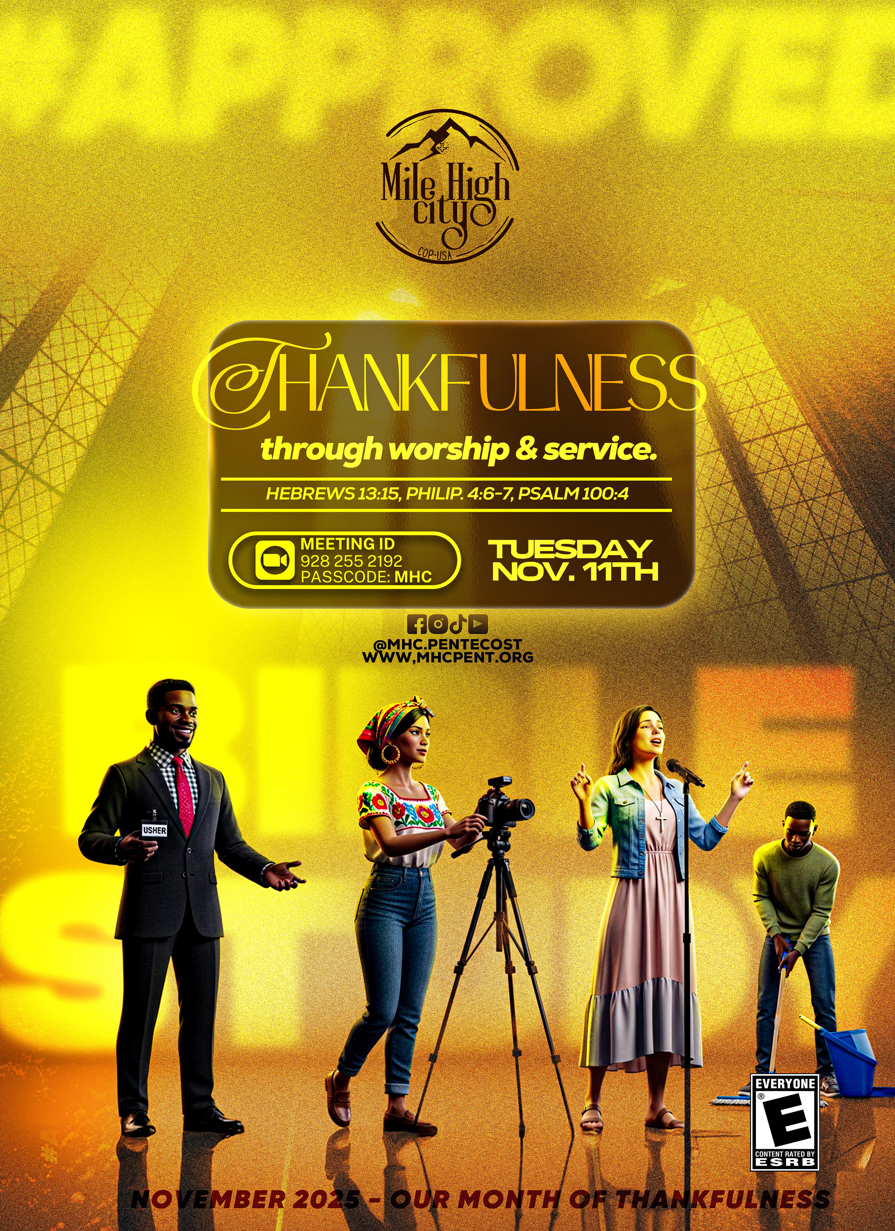 November 11, 2025 Bible study flyer - Thankfulness Through Worship and Service