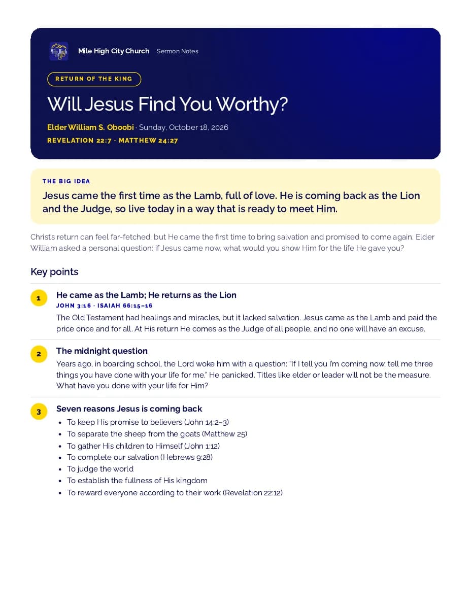 First page of the sermon notes: Will Jesus Find You Worthy?