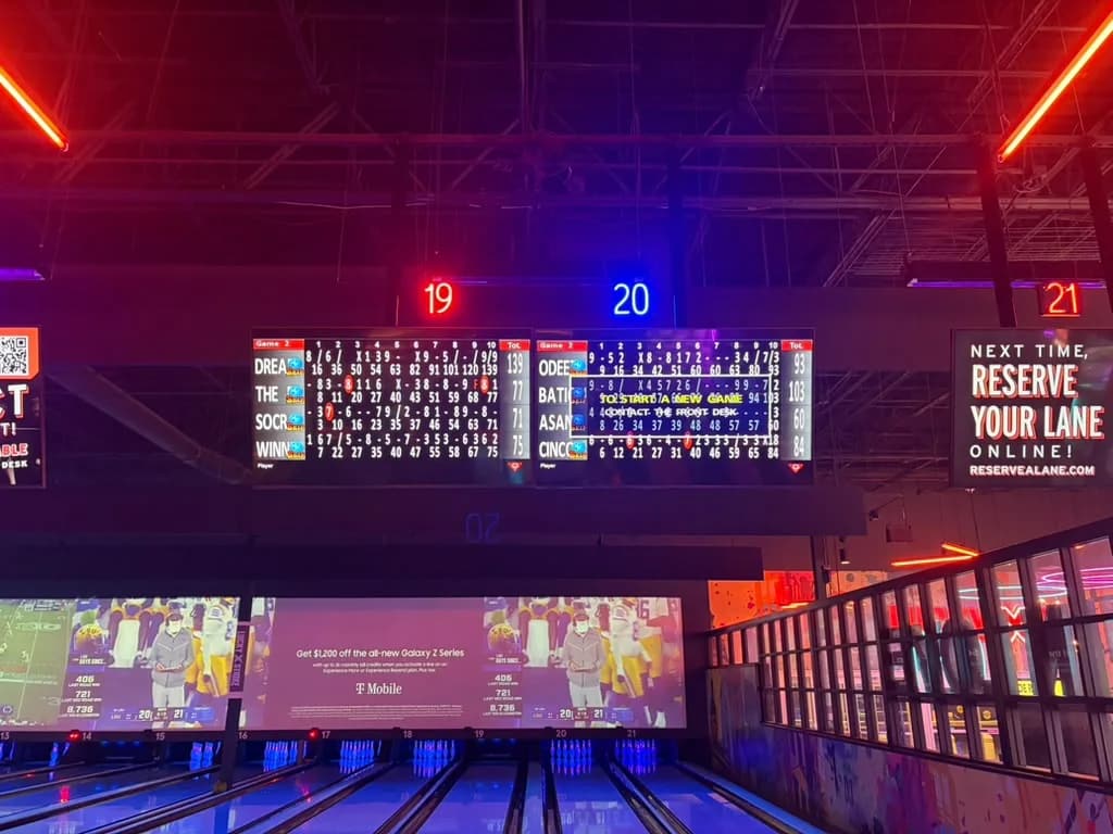 Bowling lanes and score screens photographed during the MHC youth outing